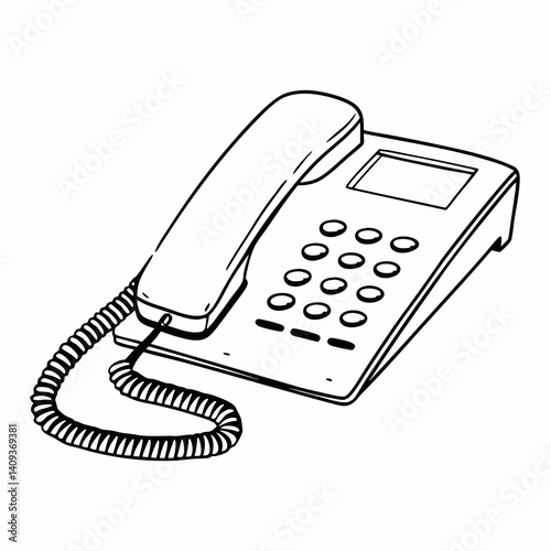Isolated Corded Telephone Outline Vector Illustration Stationary Phone Line Art Style Communication Device Isolated On White Background
