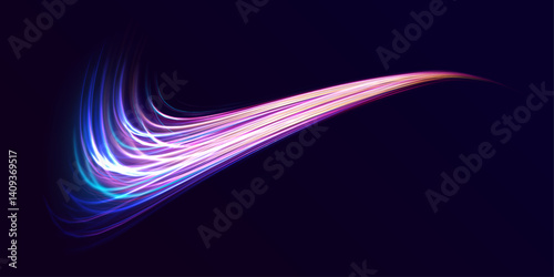 High speed effect motion blur night lights blue and red. Futuristic neon light line trails. bright sparkling background. Purple glowing wave swirl, impulse cable lines. Long time exposure. Vector	