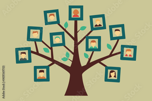 Illustrated Family Tree With Picture Frames Depicting Family Members Connecting To Their Roots In Vector Format