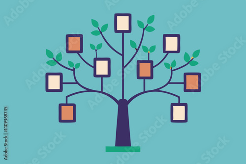 Creative Family Tree Illustration With Photo Frames For Genealogy And Ancestry Projects On A Teal Background Artwork