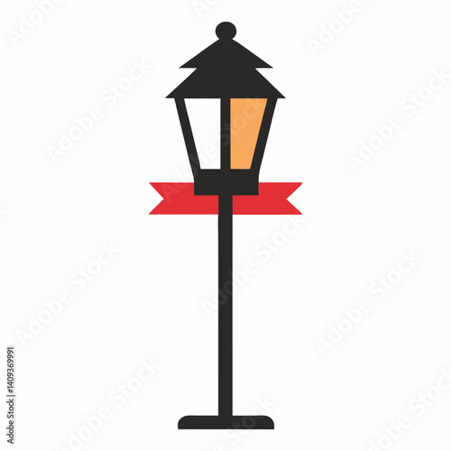 Vintage Street Lamp With Red Ribbon Classic City Lighting Concept Vector Art Design Isolated On White Background