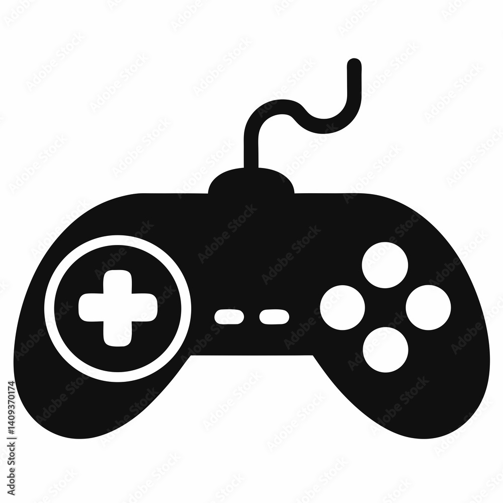 Black Silhouette Of Classic Wired Game Controller With Four Button Layout For Retro Gaming Black Silhouette Of Classic Wired Game Controller With Four Button Layout For Retro Gaming