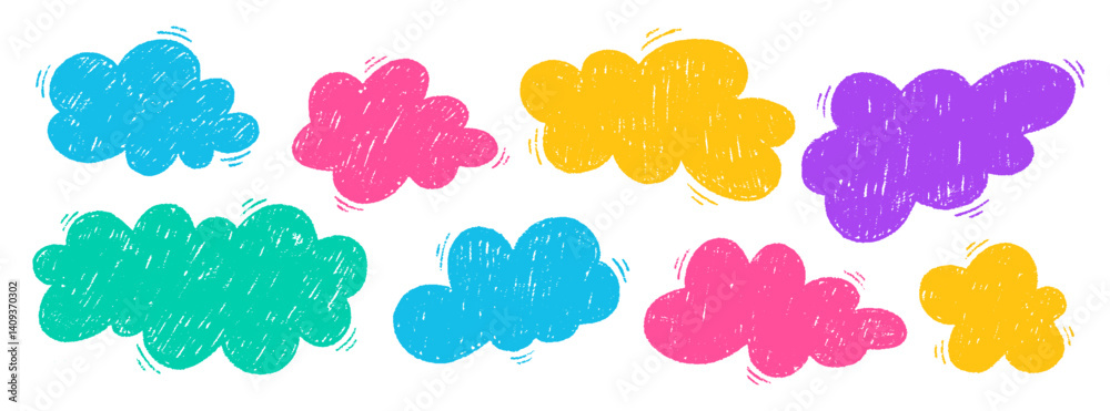 Obraz premium Crayon hand drawn doodle style bright clouds set with pastel texture. Chalk grunge in kids style, speech bubble. Vector illustration