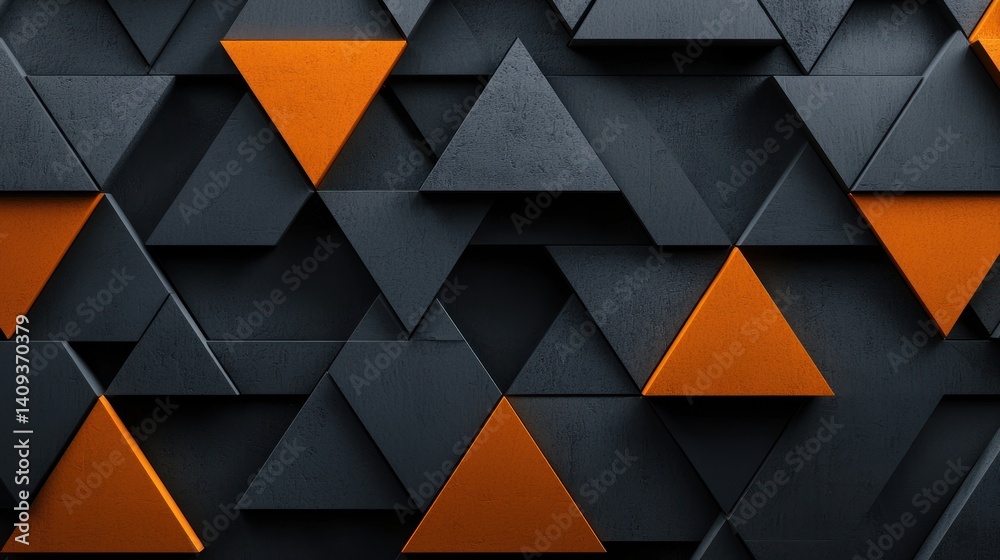 Abstract geometric wall triangles, dark grey and orange, modern design background Abstract geometric wall triangles, dark grey and orange, modern design background