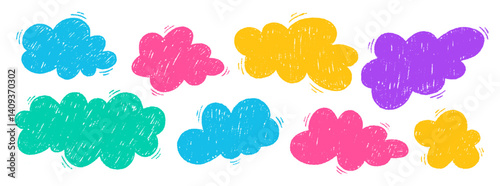 Crayon hand drawn doodle style bright clouds set with pastel texture. Chalk grunge in kids style, speech bubble. Vector illustration