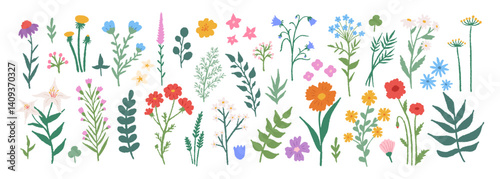 Flowers set hand drawn pencil. Cute simple colorful doodle art. Floral of wildflower, leaf branch. Blossom illustration for decor, easter, sticker, clipart, print