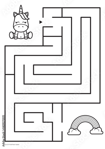 Vector black line printable maze. Format A4. Coloring book educational maze with little unicorn looking for a rainbow. Size portrait.
