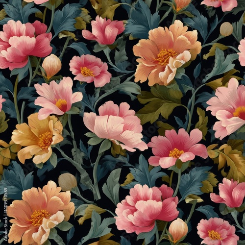 Elegant Peonies: A Dark Romantic Floral Textile Design