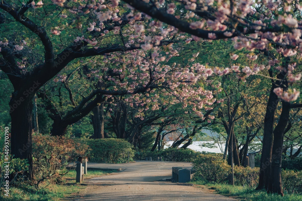 Naklejka premium Springtime cherry blossom path tranquil park landscape photography serene environment nature concept