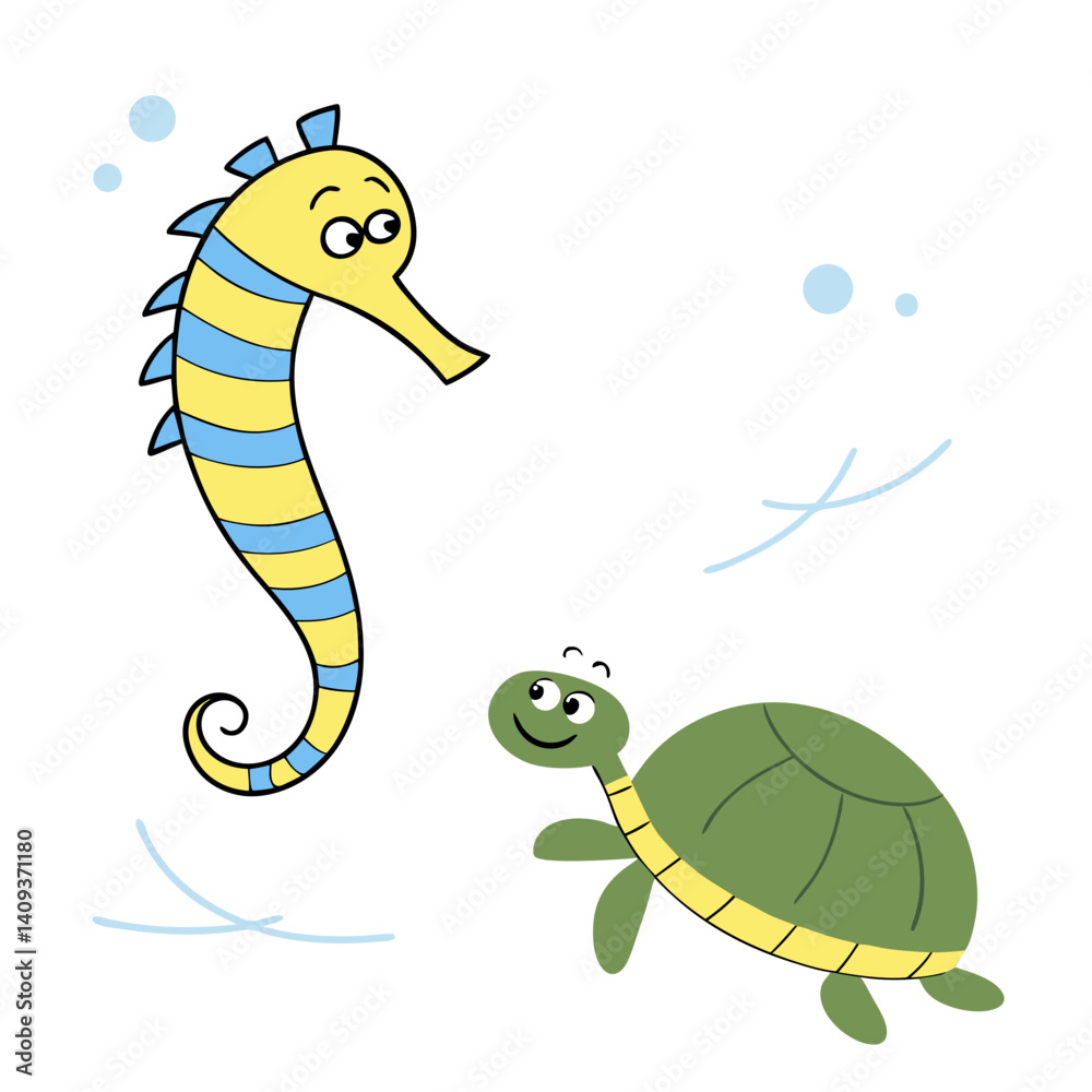 Obraz premium Cartoon seahorse and turtle swimming together in a playful scene 