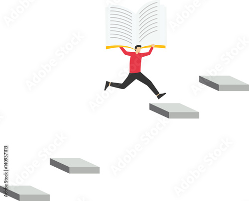 Knowledge reduces risks and obstacles. businessman with a book jumping over the gap stock illustration

