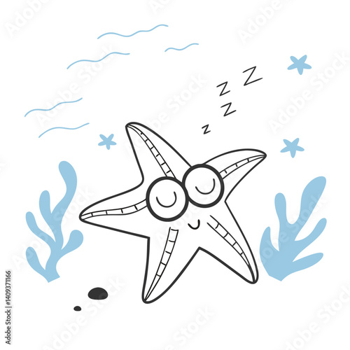 Cartoon starfish sleeping peacefully in an underwater scene  