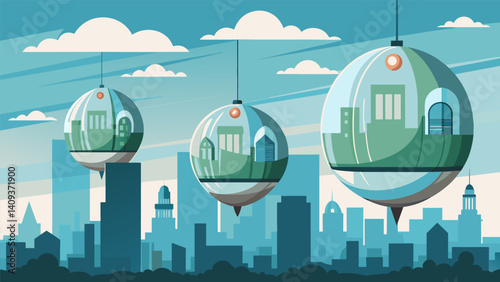 Large transparent pods float above the city transporting passengers with minimal impact on the environment thanks to their sustainable propulsion systems.. Vector illustration