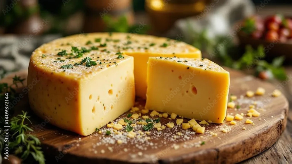 Yellow cheese on the wooden board.