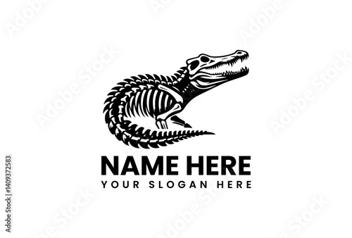 Monochrome Alligator Skeleton Illustration. Minimalist Prehistoric Art