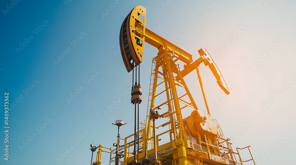 An oil drilling platform with operational pump jacks under clear blue skies. Featuring energy production and industrial systems