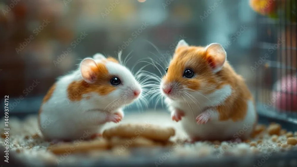 Two brown and white hamsters in the cage. Close up.
