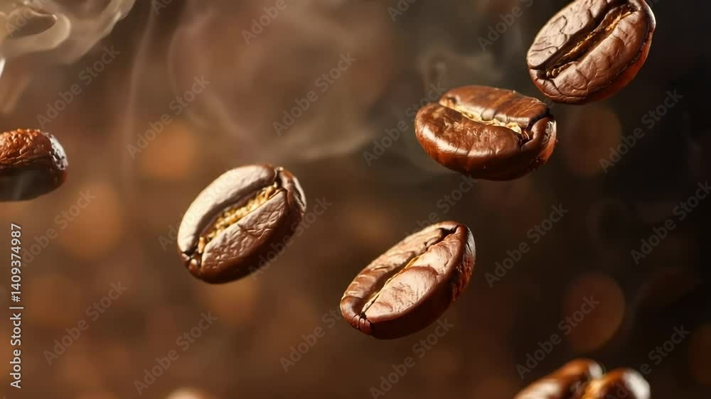 Roasted coffee beans falling with smoke on brown background