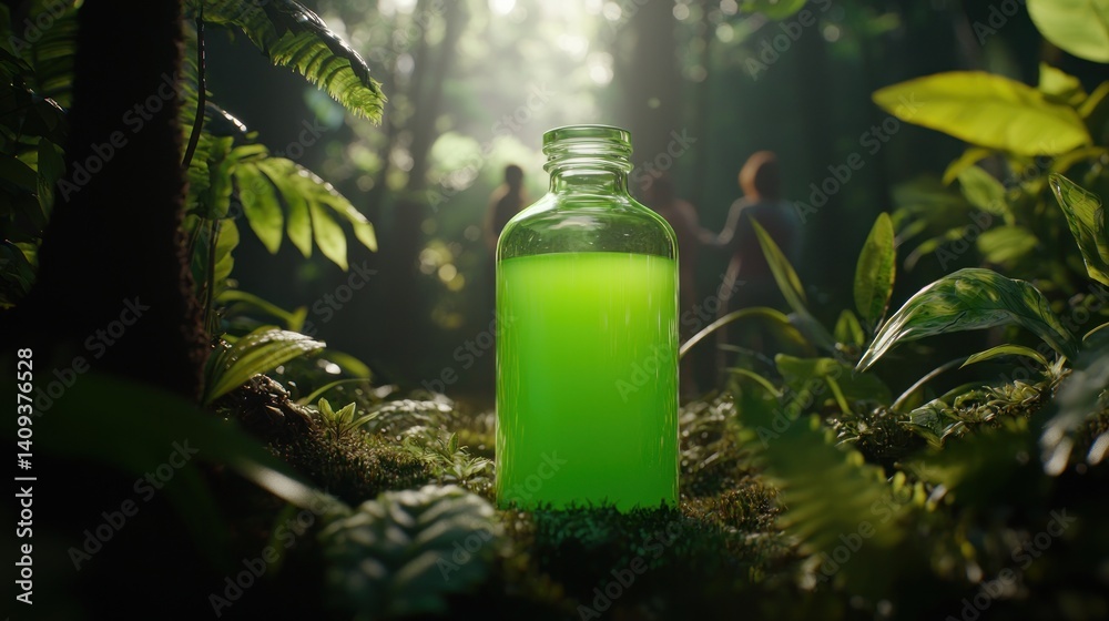 Green liquid bottle in lush jungle, figures in background Green liquid bottle in lush jungle, figures in background