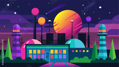 As the sun sets the eVTOLs are illuminated with colorful lights adding a touch of excitement and innovation to the industrial park.. Vector illustration