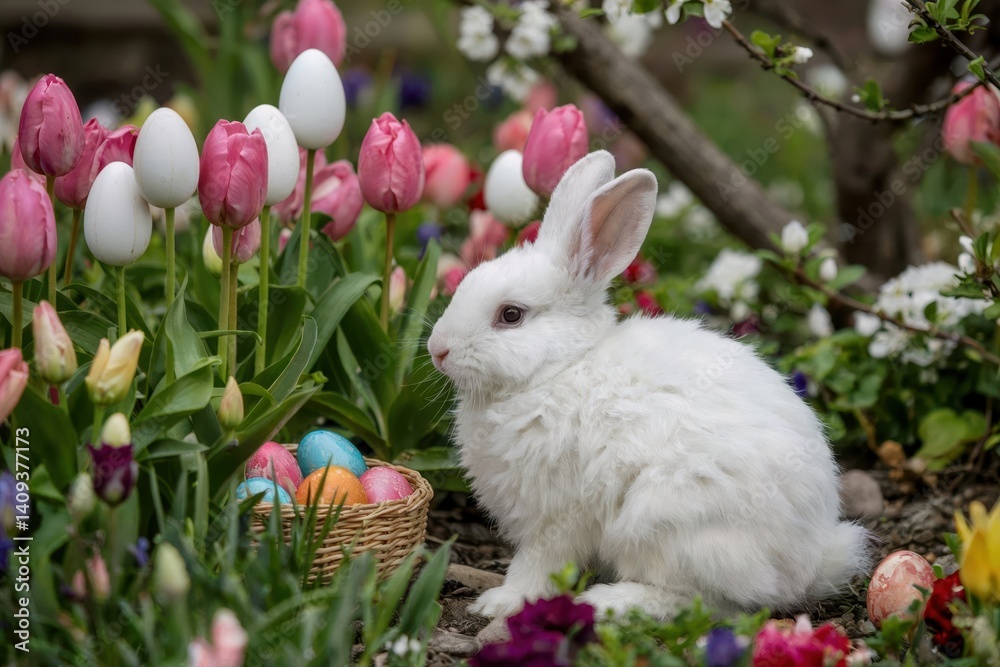 Fototapeta premium Easter celebration with a white bunny and colorful eggs in a flower garden spring season nature photography close-up view