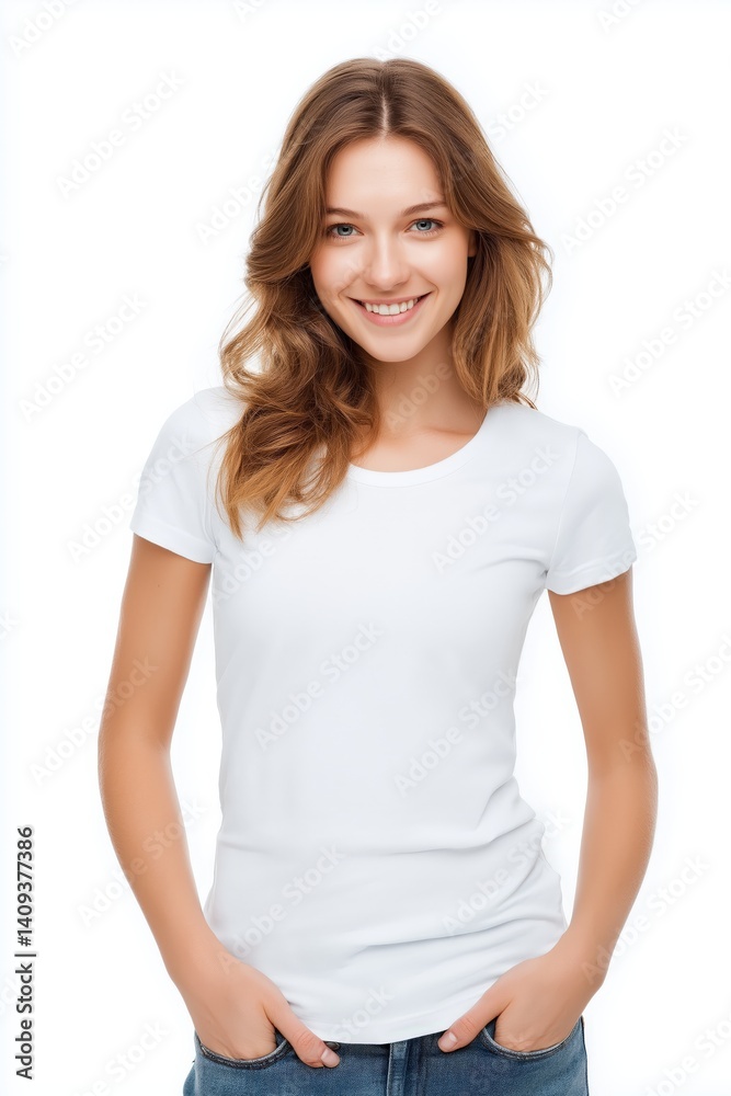Smiling young woman in casual white t-shirt, radiating positivity and confidence with hands in pockets against a bright backdrop. Smiling young woman in casual white t-shirt, radiating positivity and confidence with hands in pockets against a bright backdrop.