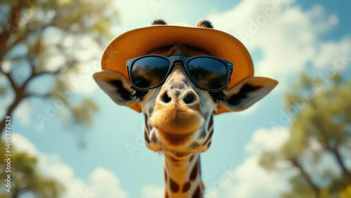 Obraz na płótnie Funny giraffe with sunglasses and a hat. w salonie
