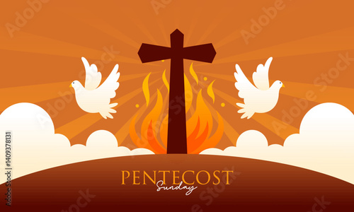 Pentecost Sunday Holy Spirit Celebration with Dove, Flame, and Cross Banner Illustration.