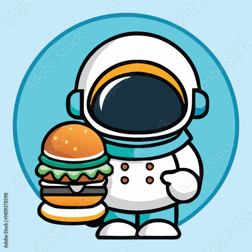 Cartoon Astronaut Holding A Big Delicious Burger Illustration Food And Space