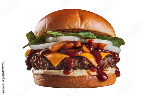 Delicious gourmet burger with bbq sauce food photography studio setting close-up view culinary art transparent background