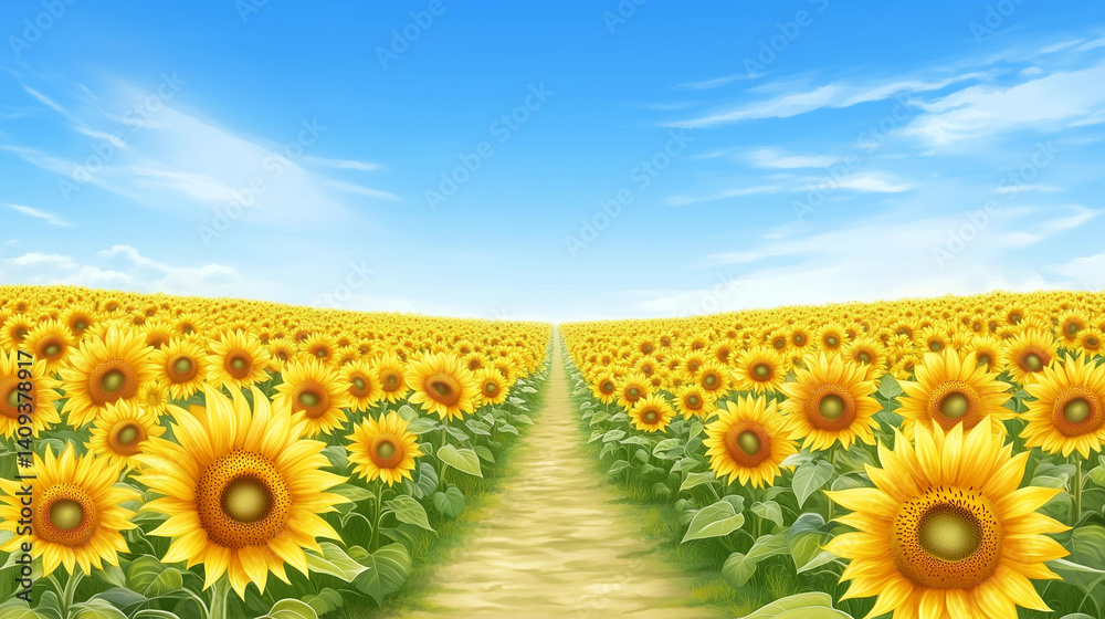 Fototapeta premium Delightful summer border featuring a vibrant sunflower field under a clear blue sky