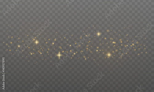 Golden dust particles drift gently on a transparent background, creating a magical festive glow. Shimmering bokeh lights add depth and sparkle. Ideal for Christmas or celebration themes.