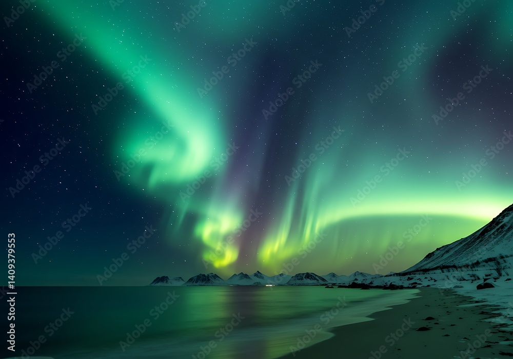 Naklejka premium Aurora Borealis Over the Arctic Beach Landscape at Night with Starry Sky