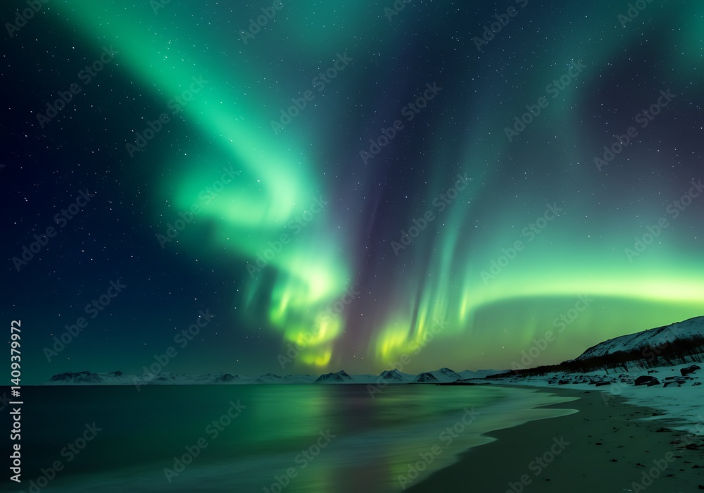 Naklejka premium Dramatic Northern Lights Over Snowy Beach and Ocean Landscape at Night