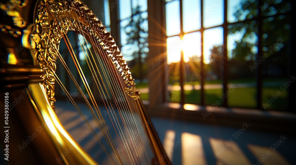 Obraz premium Ornate harp at sunset through large windows