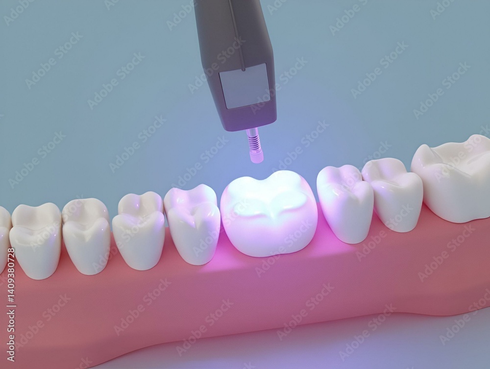 3d render of teeth with dental polymerization lamp and light cured onlay