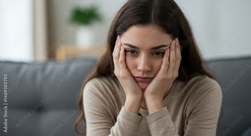 Woman expressing sadness while sitting on a couch in a living room Woman expressing sadness while sitting on a couch in a living room
