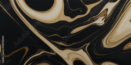 Modern Marble Design Inspired by Nature’s Ocean Patterns in Black and Gleaming Gold, Black Marble Surface with Golden Veins and Ocean Flow