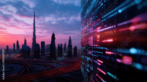 Dubai cityscape at sunset with digital data wall