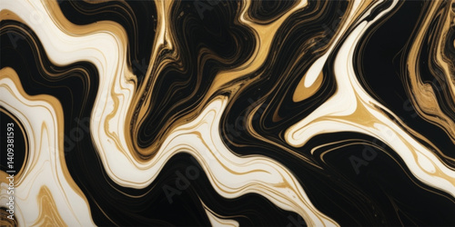 Modern Marble Design Inspired by Nature’s Ocean Patterns in Black and Gleaming Gold, premium Marble Look with Flowing Golden Accents