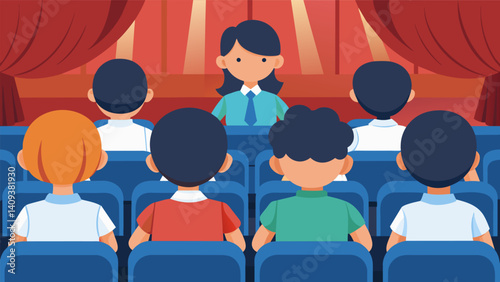 Quiet concentration in the school auditorium as students sit on stage hands clasped behind their backs waiting for their turn to spell.. Vector illustration