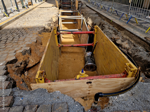 repair of water supply, gas connection in deep excavation. the pipe is rusty and there is a main water seal. sheeting holes in the walls of the excavation against backfilling of the worker. plumbing 