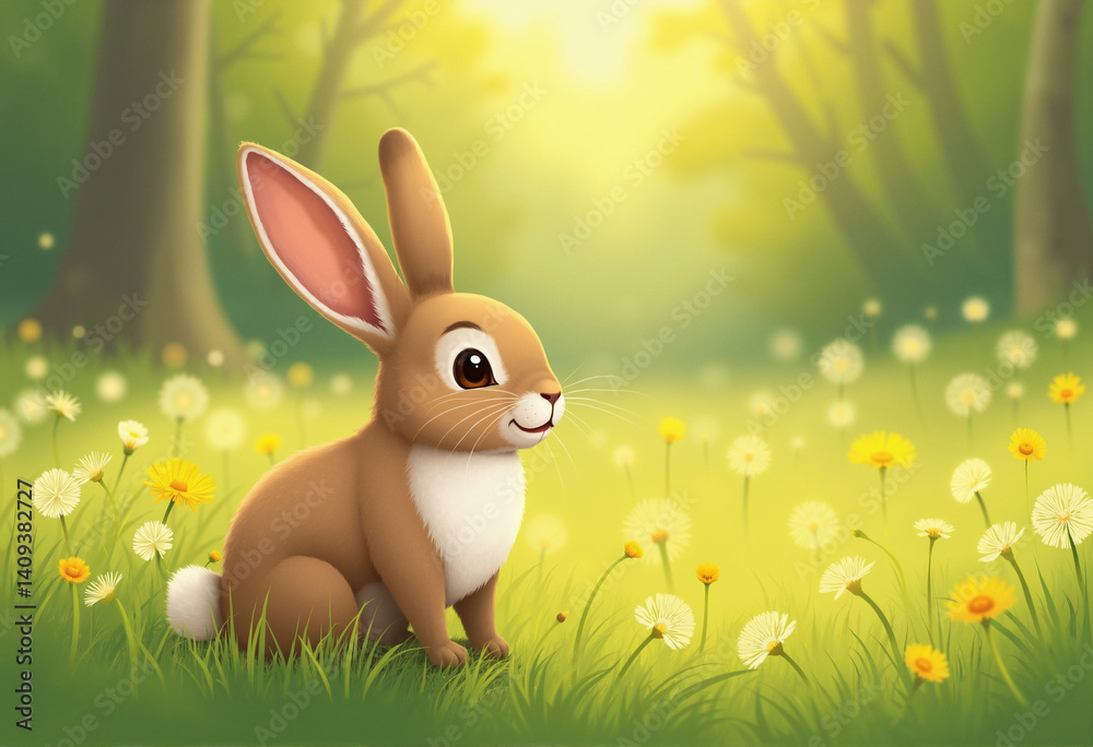 cute rabbit in the forest glade sits on the grass and looks with raised ears