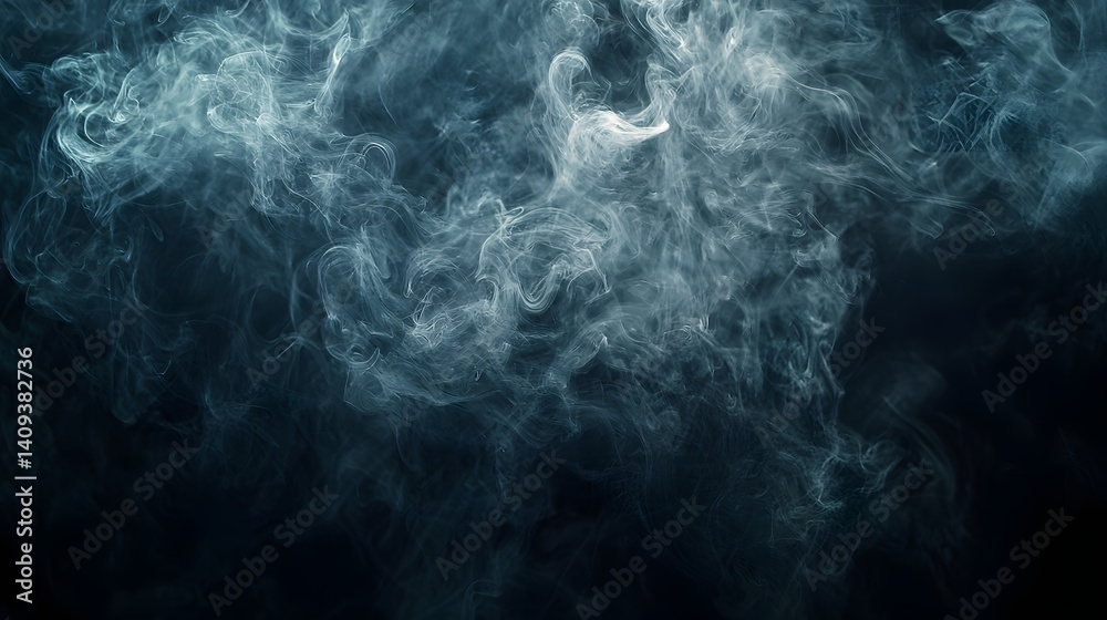 Obraz premium A dense, swirling cloud of white smoke or vapor against a dark background, creating an ethereal and mysterious atmosphere with intricate patterns and textures in the wisps of smoke