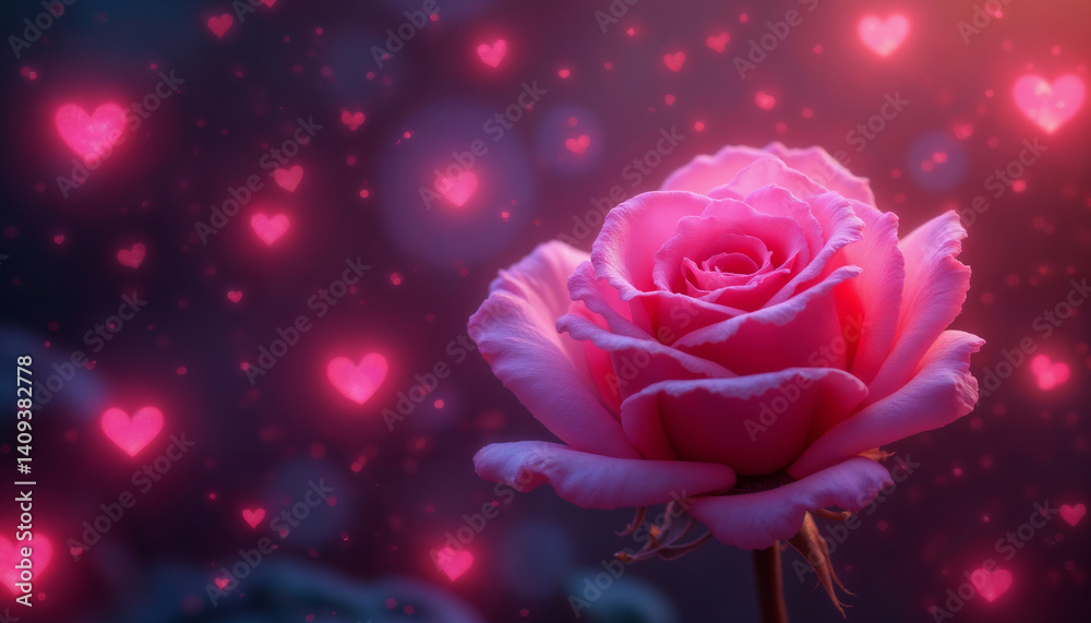 a soft pink rose flower on an abstract bokeh background with hearts and lights, an abstract backdrop for the Valentine's Day celebration