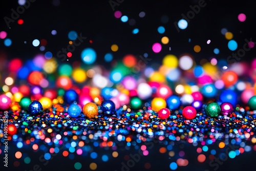 Festive glittery spheres and bokeh lights creating a vibrant celebration