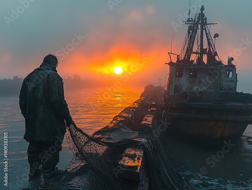 Silhouette of a person with fishing net near a boat at sunset.
