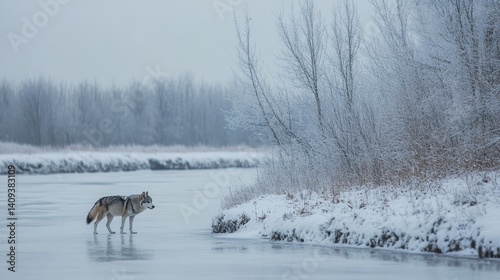 Majestic Wolf Crossing a Snowy River in Serene Winter Wilderness: Wildlife Adventure in Frozen Boreal Landscape