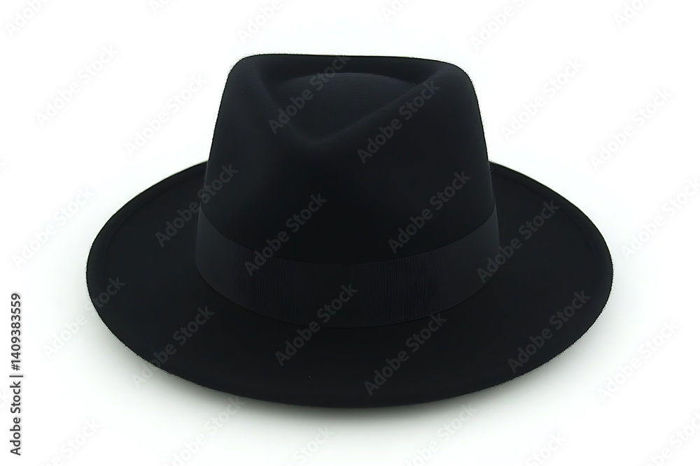 Sophisticated black fedora hat displayed on crisp white background Sophisticated black fedora hat displayed on crisp white background