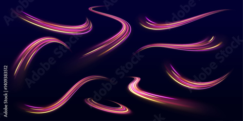 Laser beams and sparkling light isolated on transparent PNG background. Abstract speed motion with glowing particle trails and flare effects.